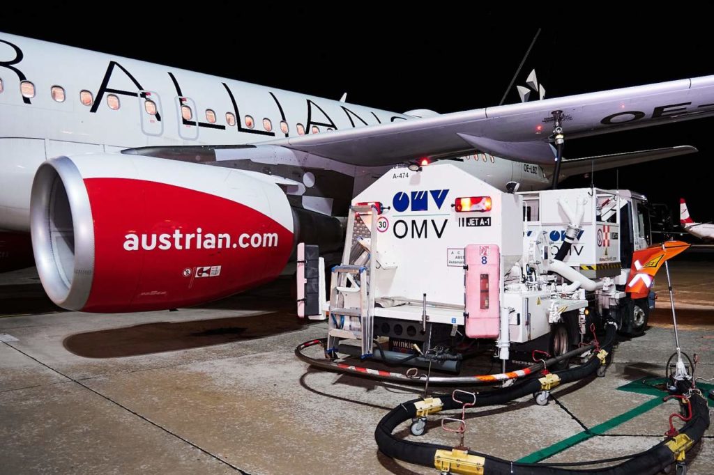 Austrian Airlines Flugzeug nachhaltiger Treibstoff